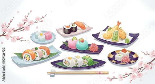 Authentic Japanese food illustration with sushi and tempura, traditional Japanese food illustration with sakura cherry blossoms, Japanese food illustration set on white background.