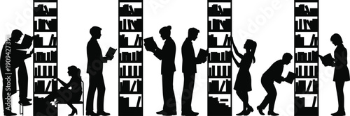 Library people silhouettes reading books, students studying in bookshelf aisle, education knowledge concept black vector illustration academic learning research study