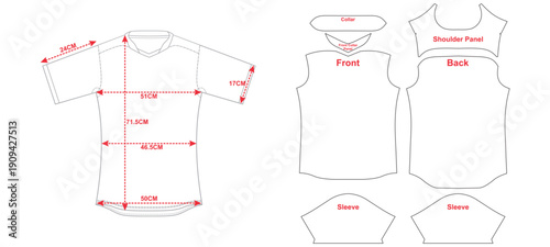 Rugby Shirt Sewing Pattern With Measurements and Cut Pieces Vector Template