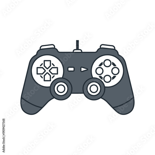 A gray and white flat graphic of a game controller with a button layout on the front