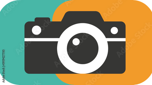 A minimalist camera icon with a central lens and white circles, over overlapping color shapes
