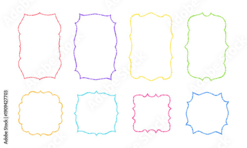 Hand drawn crayon cadres, rectangle and square frames with rough border. Color doodle frames with chalk texture isolated on white background. Crayon picture cadres set, vector illustration
