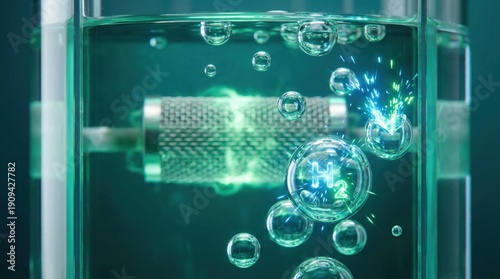 Wallpaper Mural Bubbles with H2 symbol and sparks in green liquid Torontodigital.ca