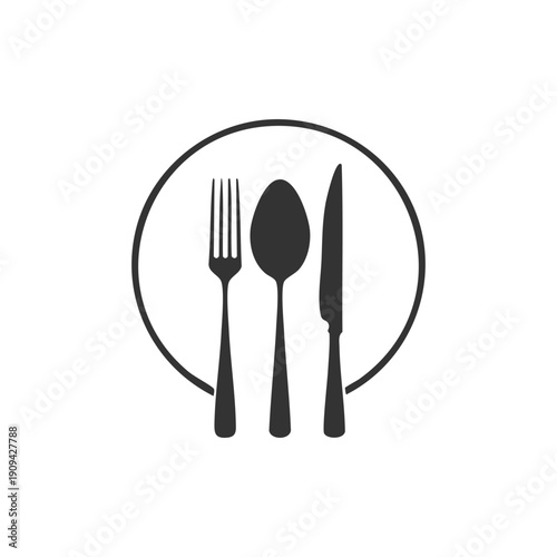 A set of stainless steel silverware featuring a fork, spoon, and knife isolated on a white background for restaurant kitchen cutlery and dinner table setting