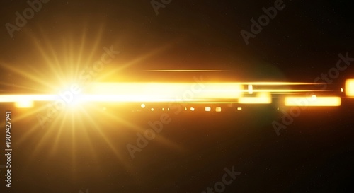 Powerful Golden Light Beam with Geometric Lens Flares and Radiant Particles on a Dark Background