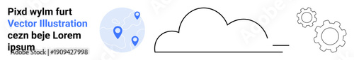 Cloud computing, technology, geolocation, digital platforms, process automation, data connectivity. Cloud and gear icons with map pointers. Cloud computing and technology ideas