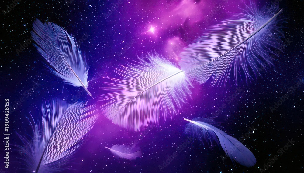 Obraz premium Ethereal Feathers Floating in a Cosmic Dreamscape of Purple and Blue.
