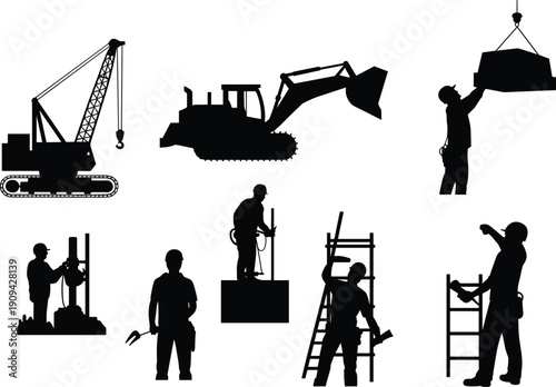 Construction workers and heavy equipment silhouettes set, industrial building activities with crane excavator laborers illustration isolated on white background vector