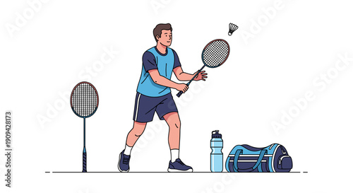 A male badminton player is actively hitting a shuttlecock, surrounded by his rackets, a water bottle, and a sports bag.