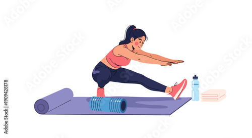 A woman is stretching her legs on a yoga mat, utilizing a foam roller, water bottle, and towel for a complete workout.