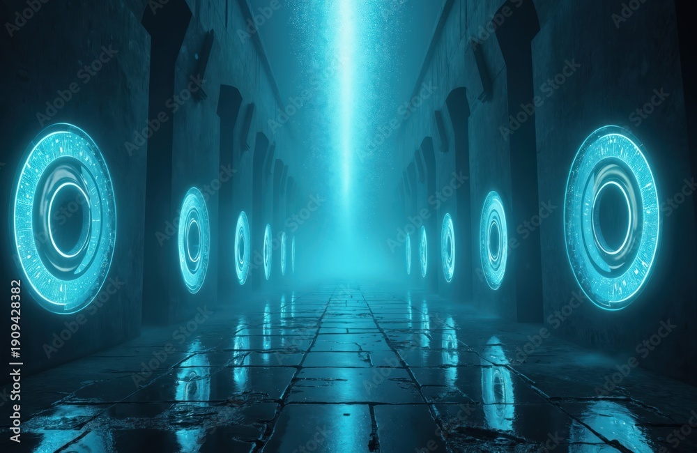 Fototapeta premium Digital abstract corridor with glowing blue circles and light beam. Futuristic pathway with energy portals in dark mystical room. Concept for sci-fi, metaverse, and spiritual journey.