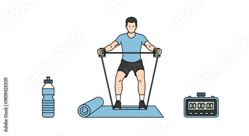 A strong man performs resistance band exercises on a yoga mat, with a water bottle and digital timer nearby.