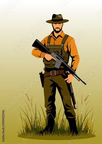 067-04-Hunter man wearing tactical vest and hat, holding a rifle in a field