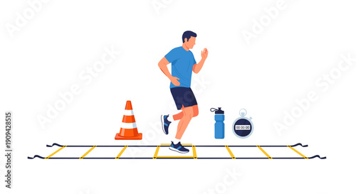 A dynamic man is actively performing agility ladder drills outdoors, surrounded by a traffic cone, a water bottle, and a stopwatch for timing his intense workout.