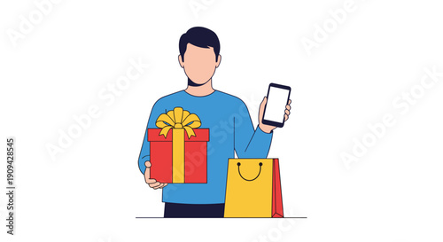 A pleased man is proudly displaying a beautifully wrapped red gift box with a golden ribbon, a shopping bag, and a smartphone with a blank screen.