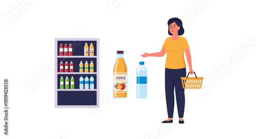 A woman is attentively choosing bottled juice and water from a well-stocked supermarket shelf, holding a small shopping basket for her selections.