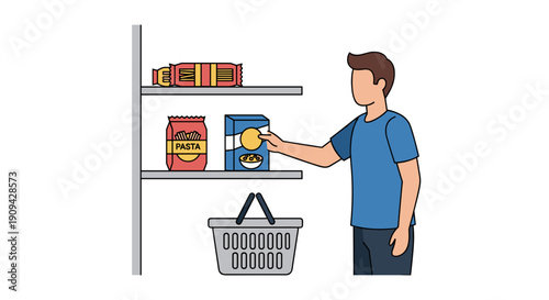 A man is reaching for a product on a neatly organized supermarket shelf, with a small shopping basket positioned below, ready for his chosen items.