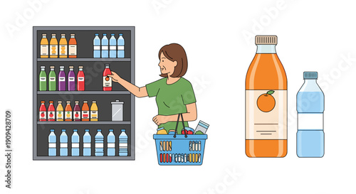 A diligent woman is selecting a beverage from a well-stocked shelf in the drinks aisle of a bustling supermarket.