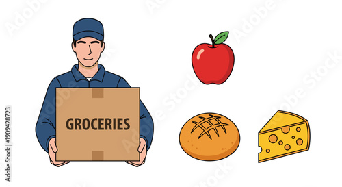 A uniformed delivery man carries a "GROCERIES" box, accompanied by fresh produce like an apple, bread, and a slice of cheese.