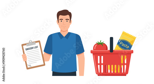 A confident man holds a "GROCERY LIST" clipboard, standing next to a red shopping basket containing essential food items.