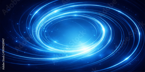 An abstract blue background with stars features a glowing spiral vortex design where light and motion create a swirling wave pattern of energy and texture