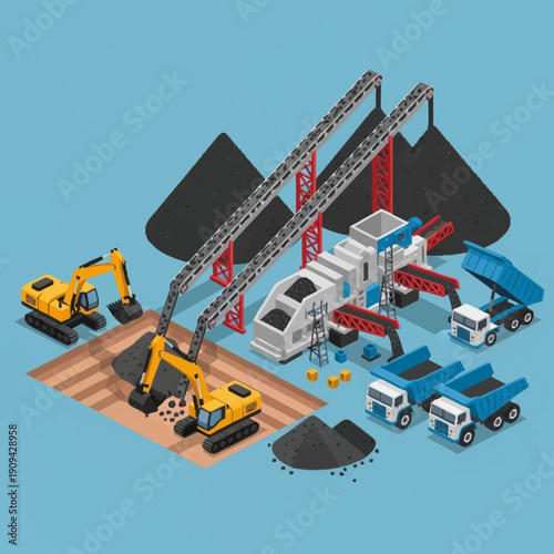 Construction site with excavators and dump trucks.