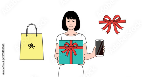 A smiling woman holds a beautifully wrapped gift box, flanked by a yellow shopping bag, a smartphone, and a decorative red ribbon, illustrating the joy of giving and modern shopping.
