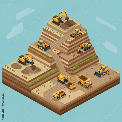 Construction site with heavy machinery and excavation equipment.