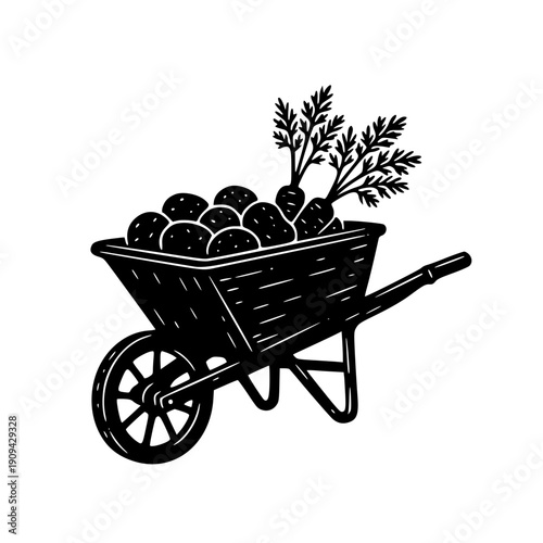 Garden Wheelbarrow with Harvest Silhouette – Fresh Potato and Carrot Vegetable Farming Icon
