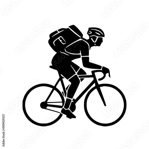 Professional Cyclist Silhouette – Male Athlete Riding Road Bike with Backpack Vector Icon