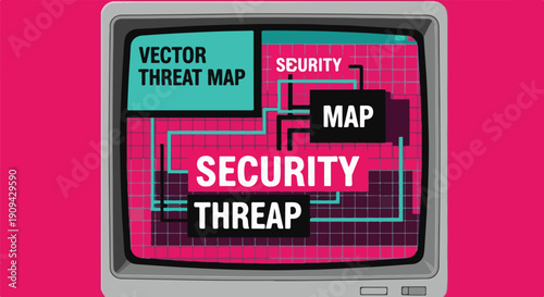 Digital vector threat map on a retro CRT monitor, illustrating cybersecurity analysis, data security, and interconnected diagrams for digital protection.