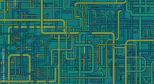 Intricate network of pipes and tubes in blue and green, abstract industrial background