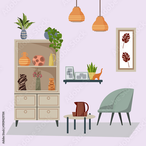 Stylish living room interior with furniture including bookshelf, chair, table, pendant lamps. Flat design cozy home decor illustration for modern design.
