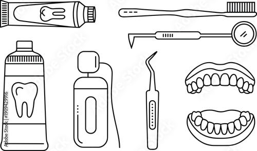 Dental tools line icon illustration set with toothbrush, toothpaste, floss, mouthwash, mirror, scaler, and teeth isolated on white background for healthcare design