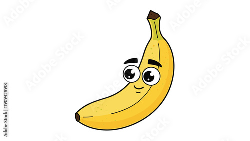 Simple illustration of a yellow banana fruit with a cute smiling face and large expressive eyes on a white background.