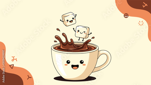 Cute cartoon coffee cup character with a happy face and two sugar cubes jumping into the coffee on a warm background.