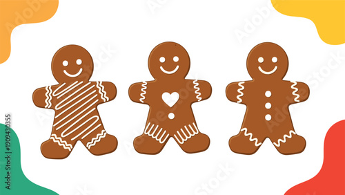 Group of three festive gingerbread men cookies decorated with white icing in various patterns including hearts and buttons for holiday season.