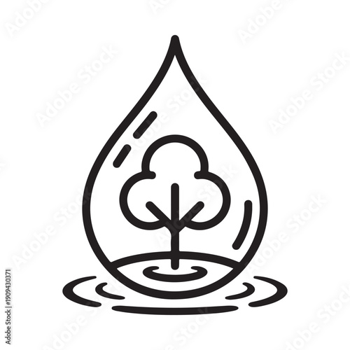 A single water droplet contains a stylized tree and ripples symbolizing environmental protection and sustainability