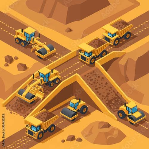 Mining operation with heavy machinery and trucks.