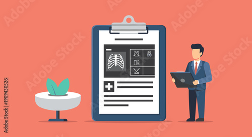 Doctor Examining Medical Report on Clipboard.