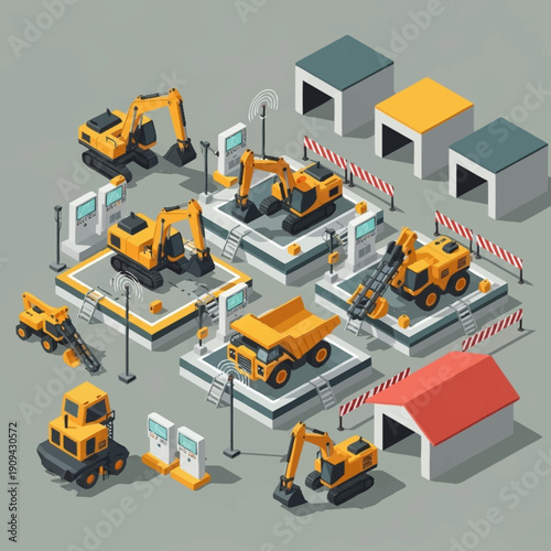 Isometric illustration of construction site with excavators and buildings.