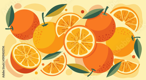 A bright and cheerful pattern of oranges, orange slices, and leaves in a flat, modern style. Ideal for food packaging, branding, and healthy lifestyle content.