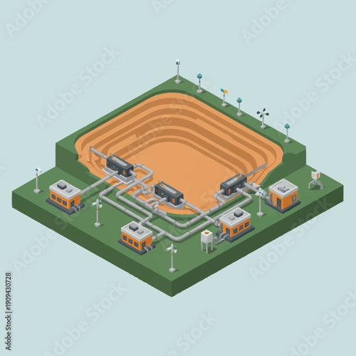 Isometric illustration of an industrial facility with pipelines and equipment.