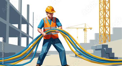 Illustration of construction worker wearing hard hat and vest carrying blue and yellow wires at building site with crane. Use for construction, safety, energy industry.