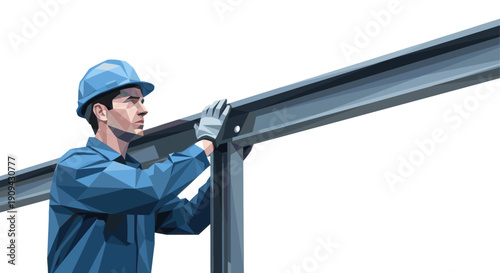 Polygonal art illustration of a construction worker assembling a steel frame. Use for construction, engineering, building, industry, and technology related themes.