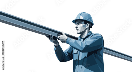 Low-poly vector illustration of a construction worker in a hard hat lifting a steel beam against a white background. Great for illustrating architecture, building, or industry.