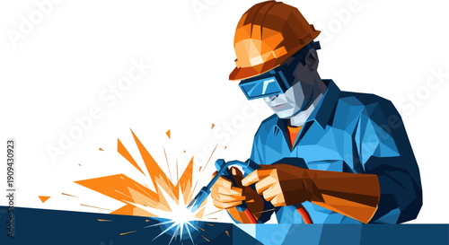Low poly vector illustration of a welder at work. Sparks flying. Perfect for industry, construction, safety related designs and illustrations, presentations, banners, websites, and infographics.