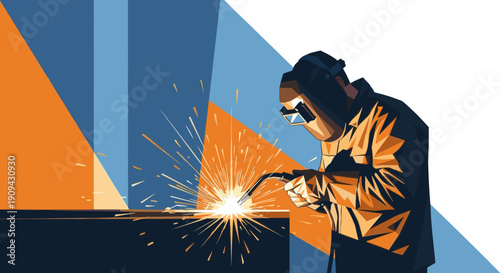 Stylized vector illustration of a welder at work, sparks flying. Ideal for representing manufacturing, construction, engineering, industrial themes, or worker safety campaigns.