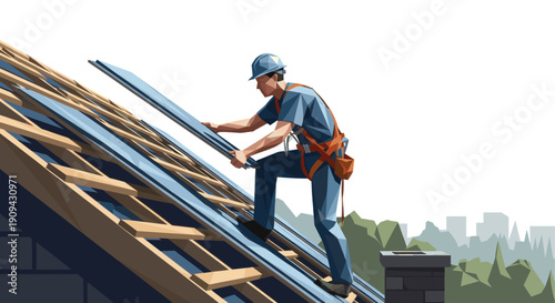 Vector illustration of a roofer installing a new roof, wearing safety harness, on a house with city view. Usable for construction and home improvement themes.