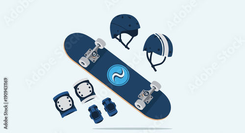 Snowboard with Helmets and Safety Gear.